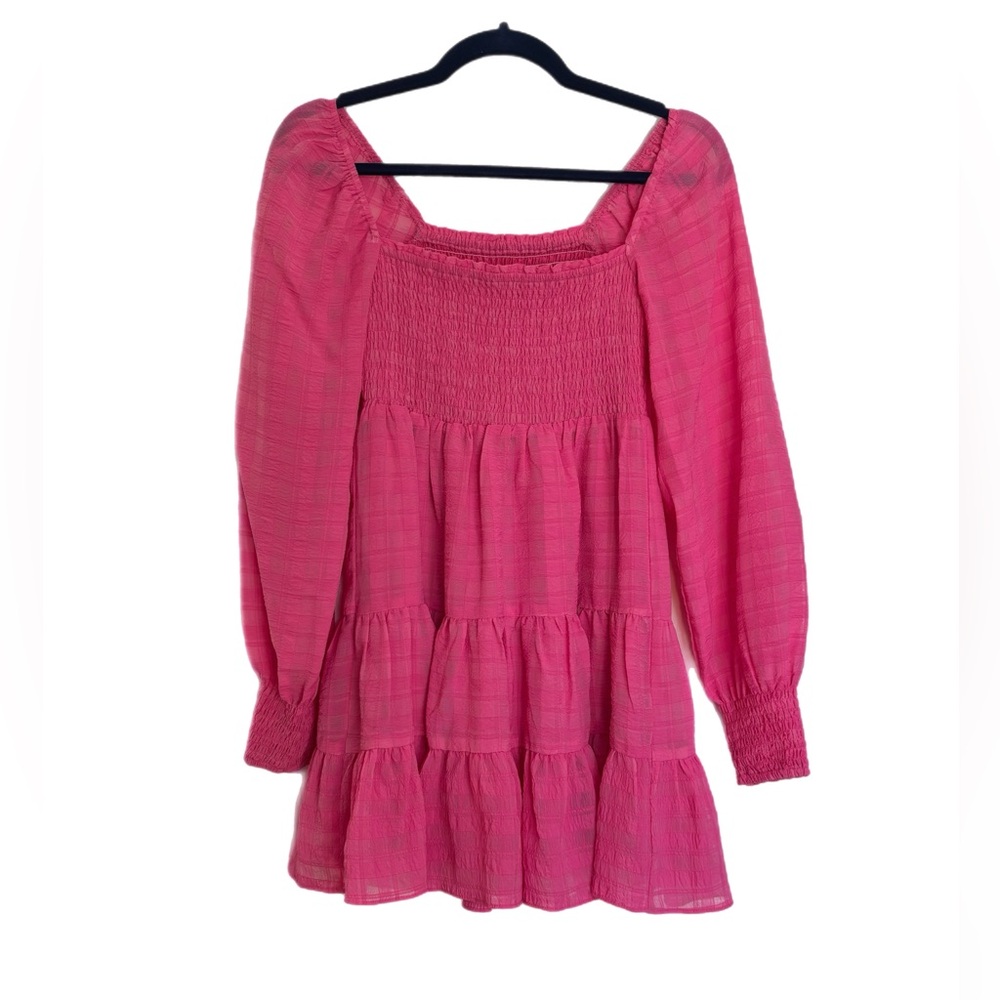 Urban Outfitters pink ruched bodice long puff sleeve tiered mini dress
